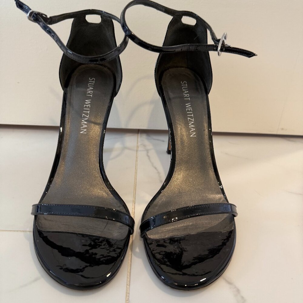 Stuart Weitzman 'Nudist' 100 MM Sandal Black Patent Leather size 9